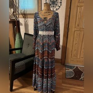 NWOT Venus Blue & Rust Boho V Neck Balloon Sleeve Chiffon Tiered Maxi Dress 12